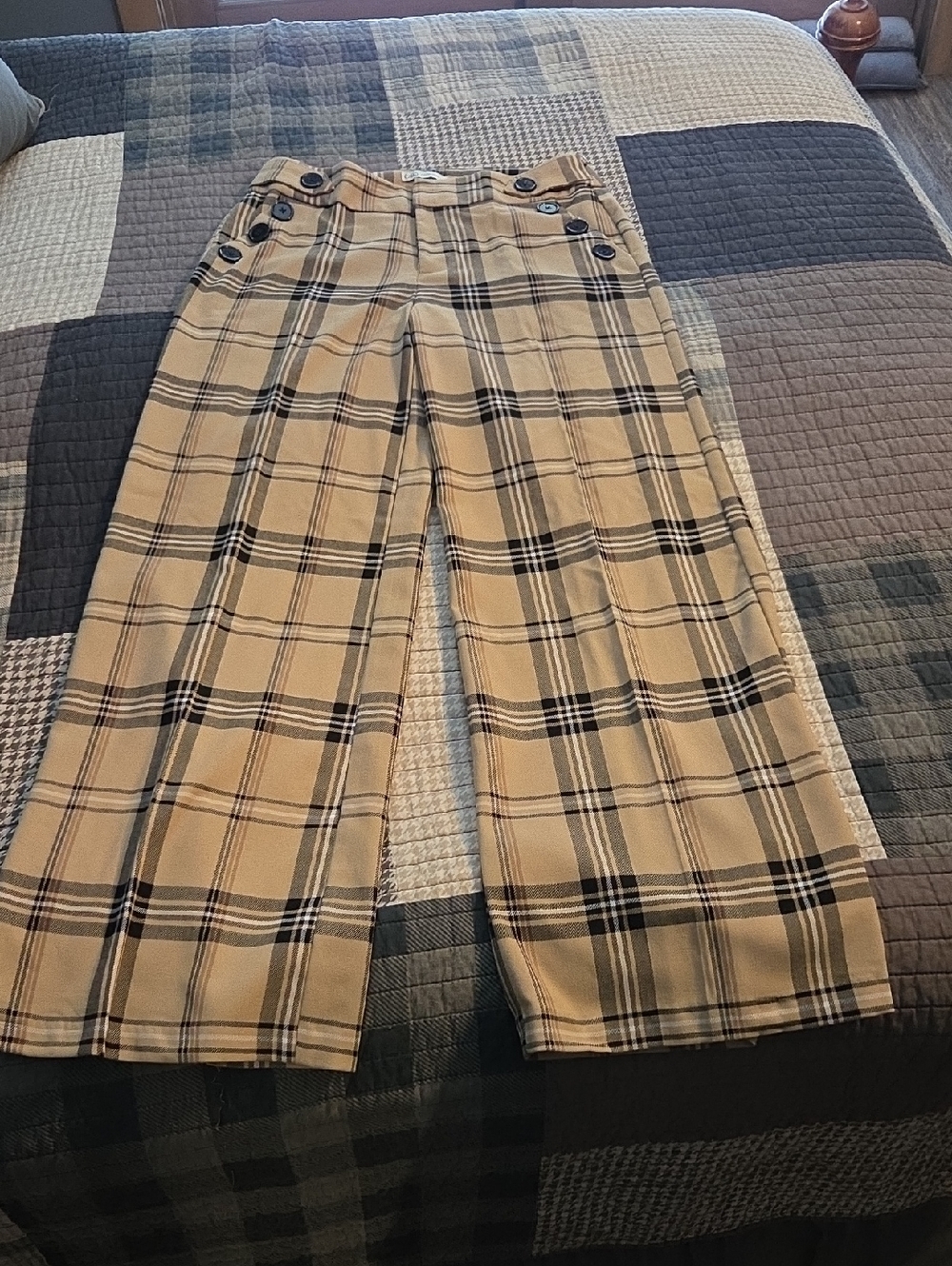Cato Beige High Rise Plaid Wide Leg Pants